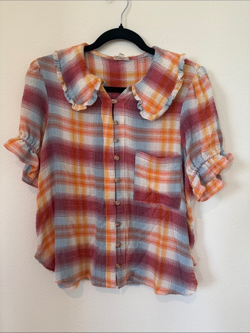 Anthropologie Pilcro Plaid Ruffle Collar Button-Up Top - Pink, Orange & Blue M